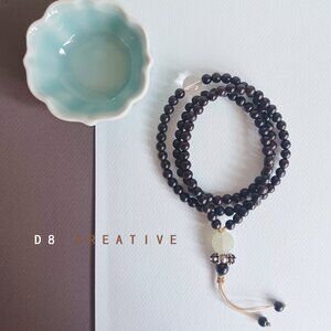 New 108 beads black ebony wood with gemstone and sterling silver bracelet